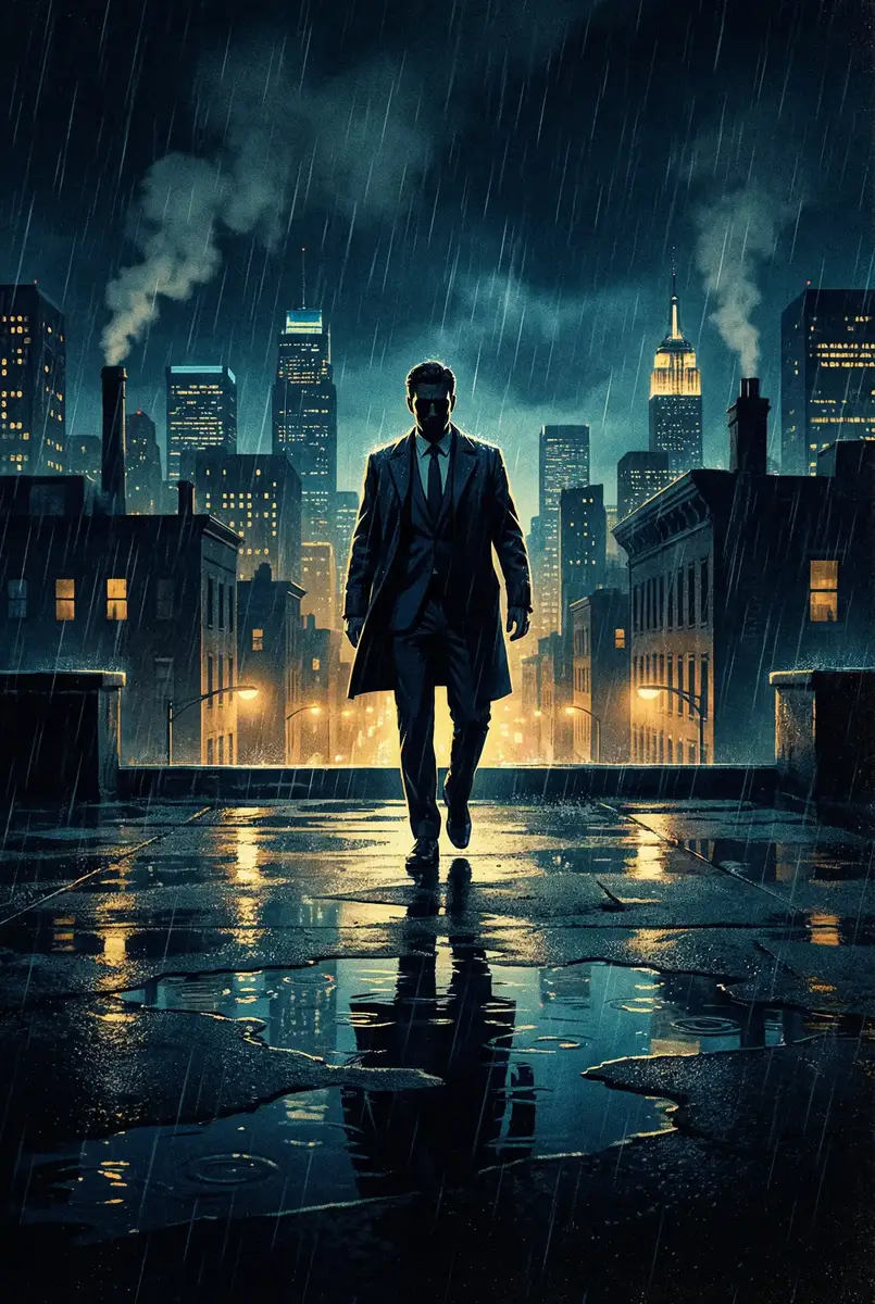 爆丸小子第1部 出品影片《雨夜独行者》海报，雨中城市屋顶男性剪影